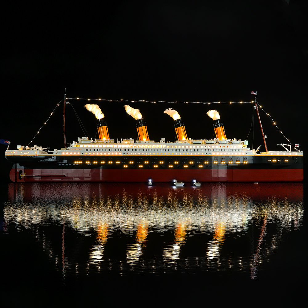 LEGO Titanic 10294 lit up with the LeLightGo light kit